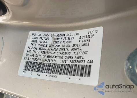 2013 Honda Accord Sport из США, поврежденный, VIN 1HGCR2F58DA261878